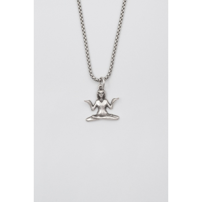 Meditasyon - Yoga - Ruhani - Örme Zincir Kolye - Antik Gümüş Kaplama - Kadın Erkek - 60 cm