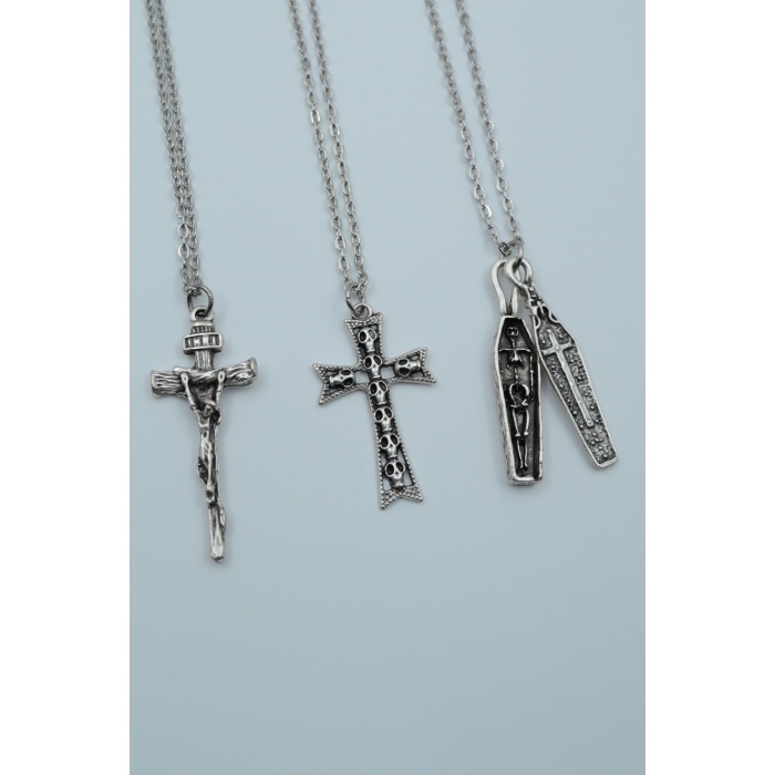 3lü Hz. İsa Haç Kuru Kafa Tabut Gümüş Kaplama Kolye Seti