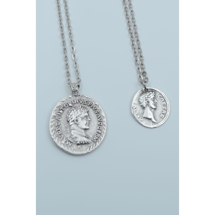 2’li Antik Roma Sikkesi Madalyon Ve Sezar Sikke Gümüş Kaplama Kolye Seti