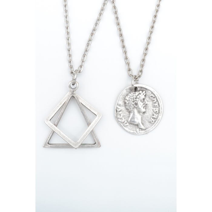 2li Sezar Sikke -Üçgen Kare Geometrik Gümüş Kaplama Kolye Seti