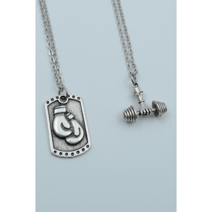 2li Boks Eldiveni Künye Dambıl Halter Gümüş Kaplama Kolye Seti