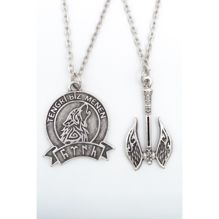 2li Tengri Biz Menen - Bozkurt - Türk -Çift Taraflı Balta  Gümüş Kaplama Kolye Seti