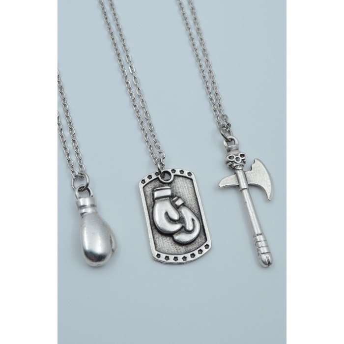 3lü Boks Eldiven Künye Kuru Kafa Balta Gümüş Kaplama Kolye Seti