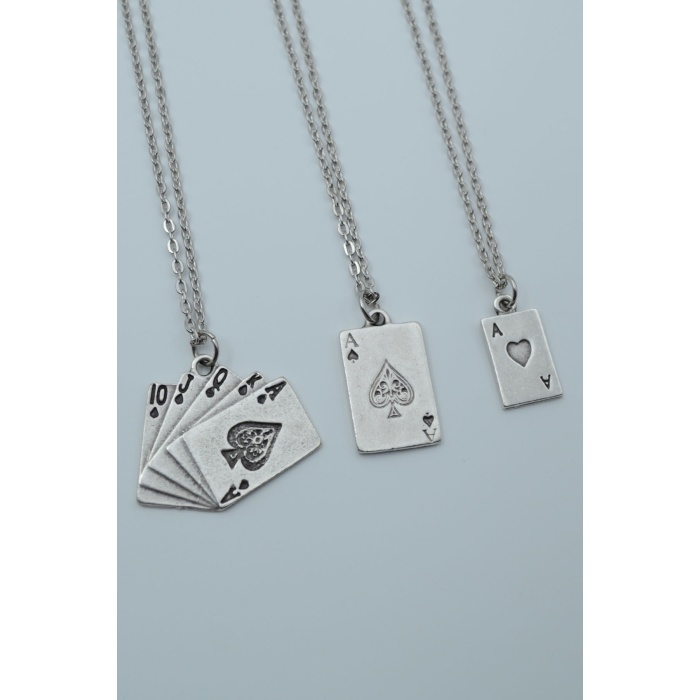 3lü Maça As Poker İskambil Gümüş Kaplama Kolye Seti