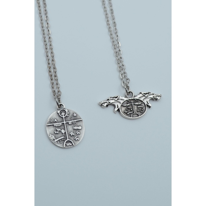 2li Kam Davulu Şaman Davulu Kurt Gümüş Kaplama Kolye Seti