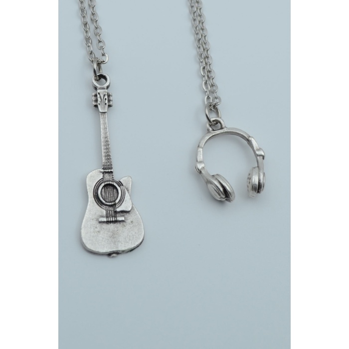 2li Klasik Akustik Gitar Kulaklık Gümüş Kaplama Kolye Seti