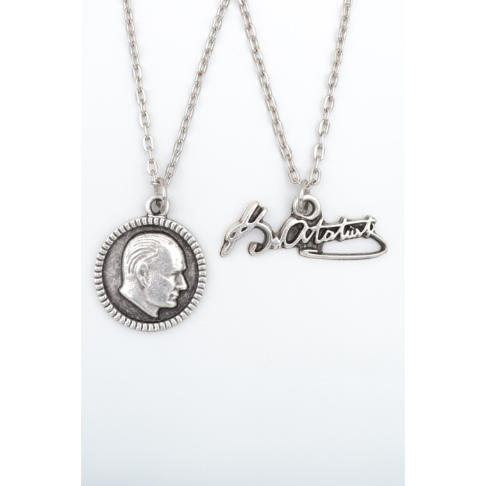 2li Kemal Atatürk İmza - Madalyon Gümüş Kaplama Kolye Seti