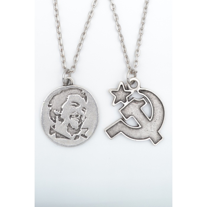 2li Che Guevare Madalyon - Orak Çekiç Gümüş Kaplama Kolye Seti