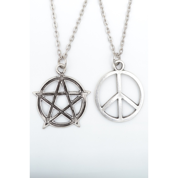2li Pentagram Wicca - Barış İşareti Peace Gümüş Kaplama Kolye Seti