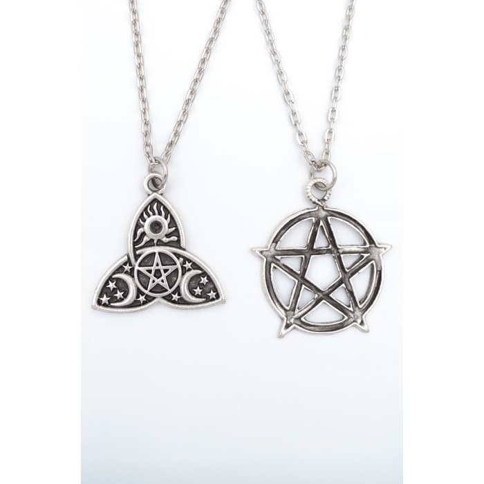 2li Pentagram - Triquetra Güneş Ay Yıldız Gümüş Kaplama Kolye Seti