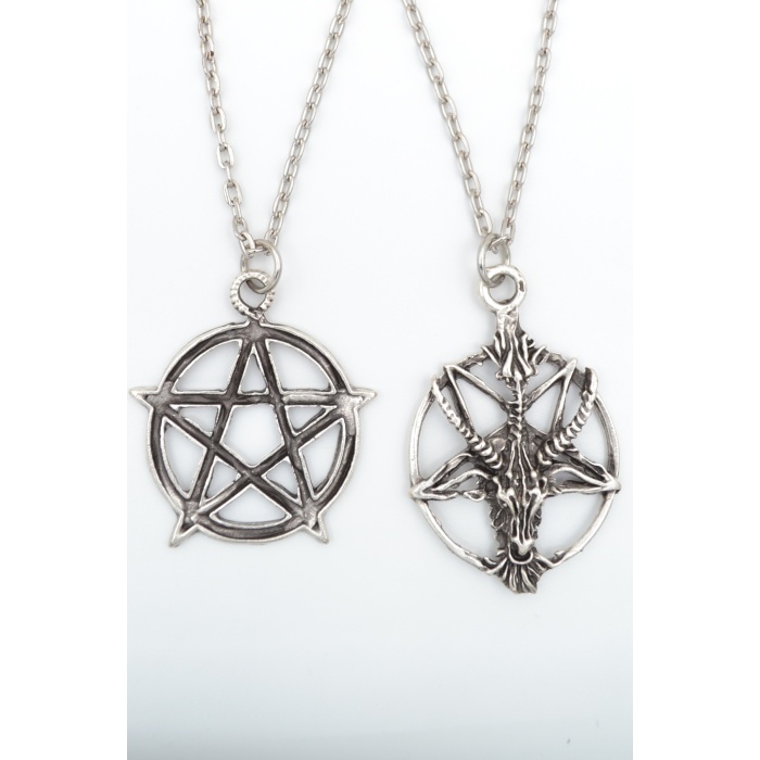 2li Ters Pentagram Keçi Kafası - Wicca Gümüş Kaplama Kolye Seti