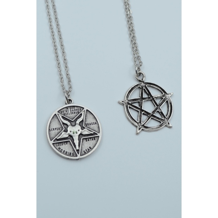 2li Lucifer Morning Star Pentagram Wicca Gümüş Kaplama Kolye Seti