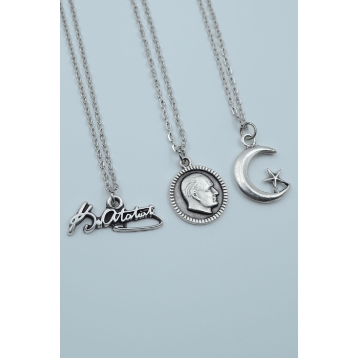 3lü Atatürk İmza Madalyon Ay Yıldız Gümüş Kaplama Kolye Seti