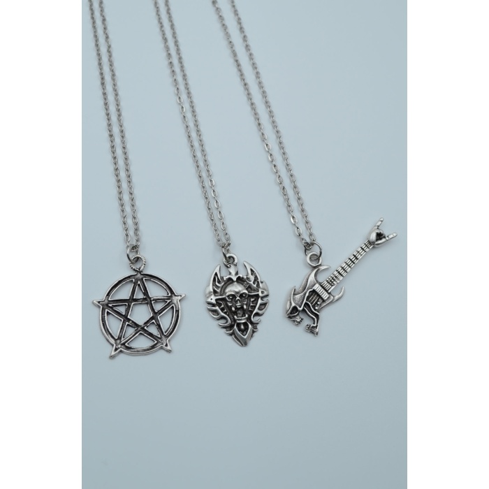 3lü Pentagram Kuru Kafa Gitar Diablo Kalkan Gümüş Kaplama Kolye Seti