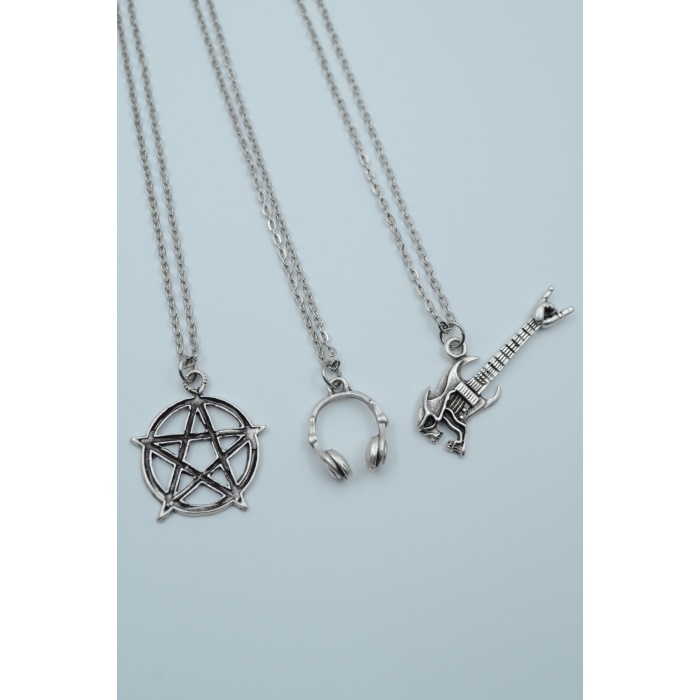 3lü Pentagram Kuru Kafa Gitar Kulaklık Gümüş Kaplama Kolye Seti