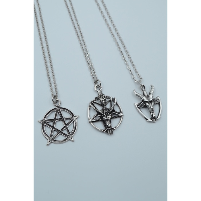 3lüPentagram Pagan - Keçi Şeytan Gümüş Kaplama Kolye Seti