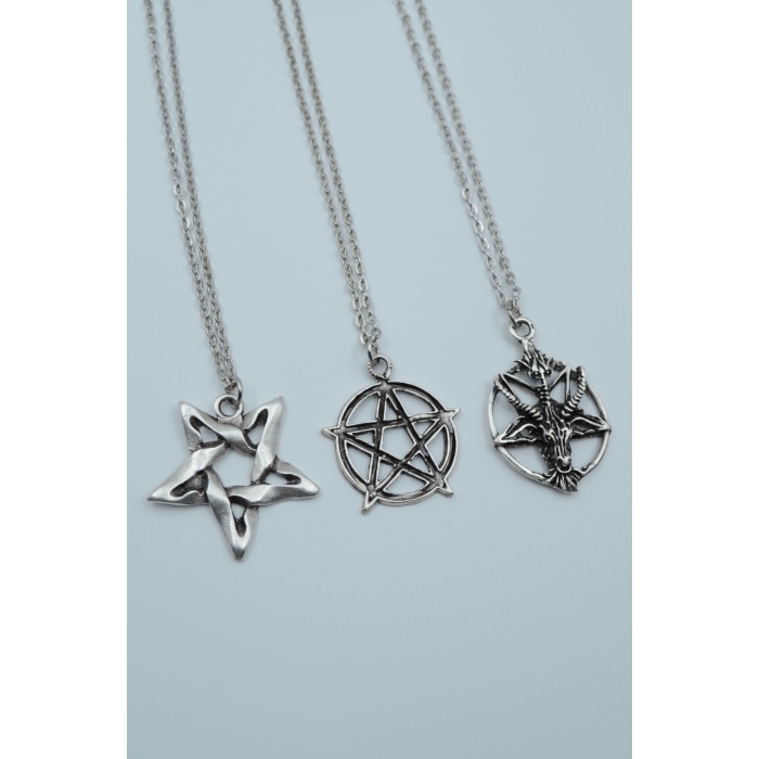3lü Pentagram Ters Pentagram Keçi Kafası Gümüş Kaplama Kolye Seti