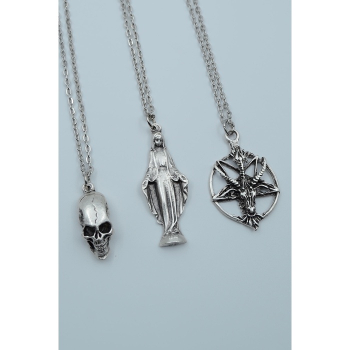 3lü Kuru Kafa Meryem Ana Ters Keçi Baphomet Gümüş Kaplama Kolye Seti