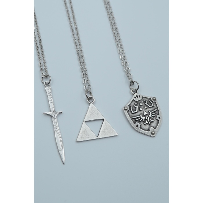 3lü The Legen Of Zelda Kalkan Zelda Kılıç Üçgen Gümüş Kaplama Kolye Seti