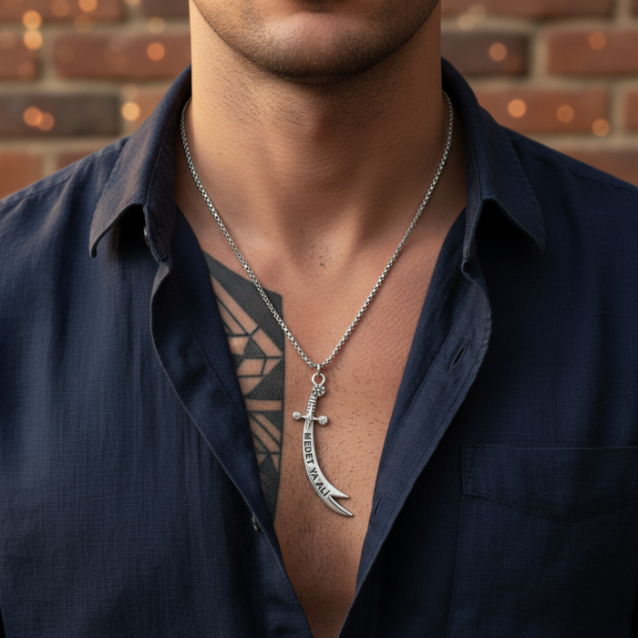 Koruyucu Zülfikar Kılıcı Gümüş Kaplama Örme Zincir Kolye