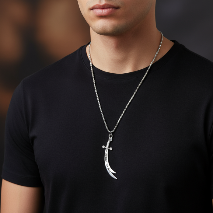 Koruyucu Zülfikar Kılıcı Gümüş Kaplama Örme Zincir Kolye