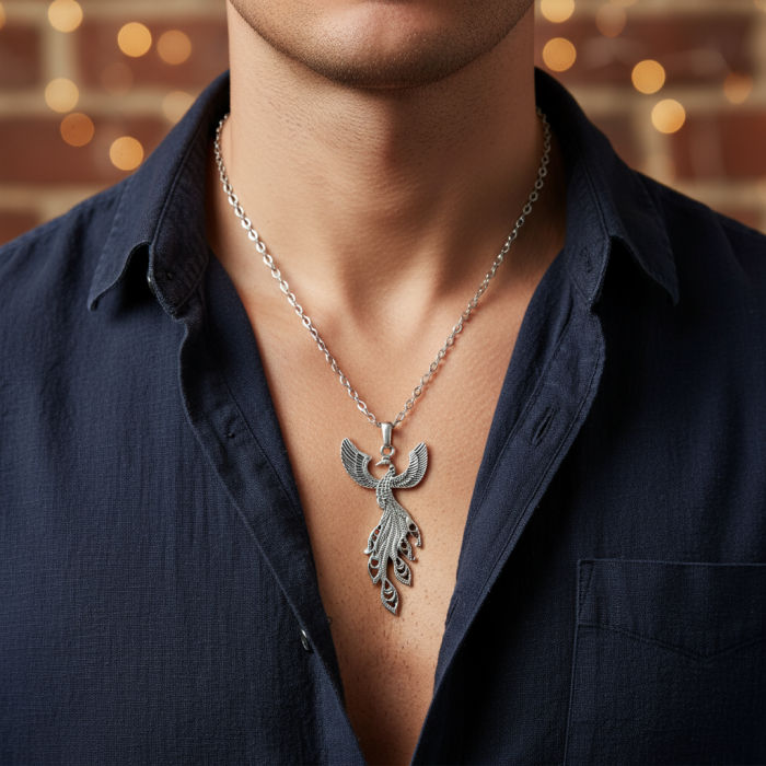 Efsanevi Zümrüdü Anka Kuşu Gümüş Kaplama Düz Zincir Kolye