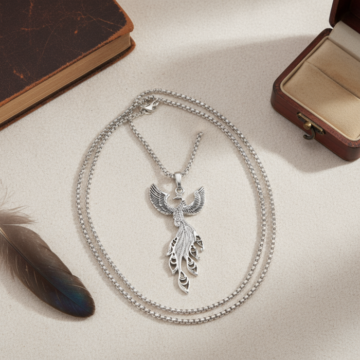 Efsanevi Zümrüdü Anka Kuşu Gümüş Kaplama Örme Zincir Kolye