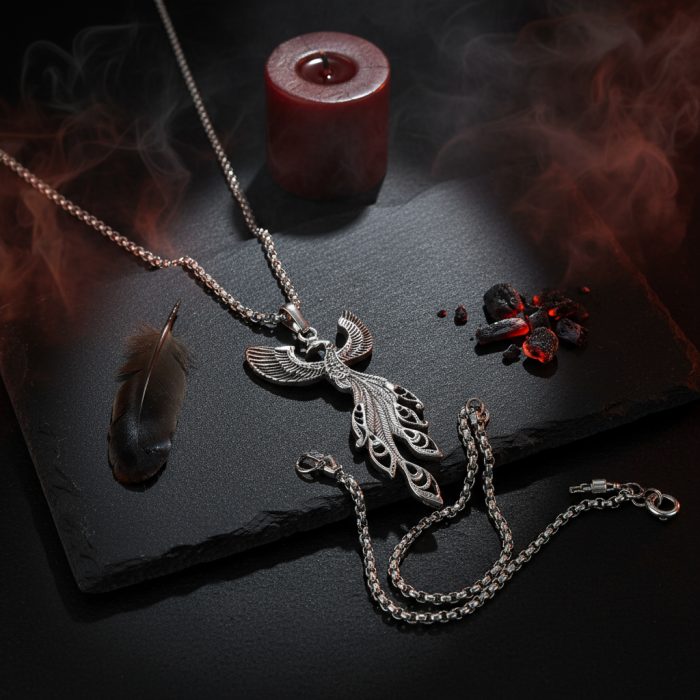 Efsanevi Zümrüdü Anka Kuşu Gümüş Kaplama Örme Zincir Kolye