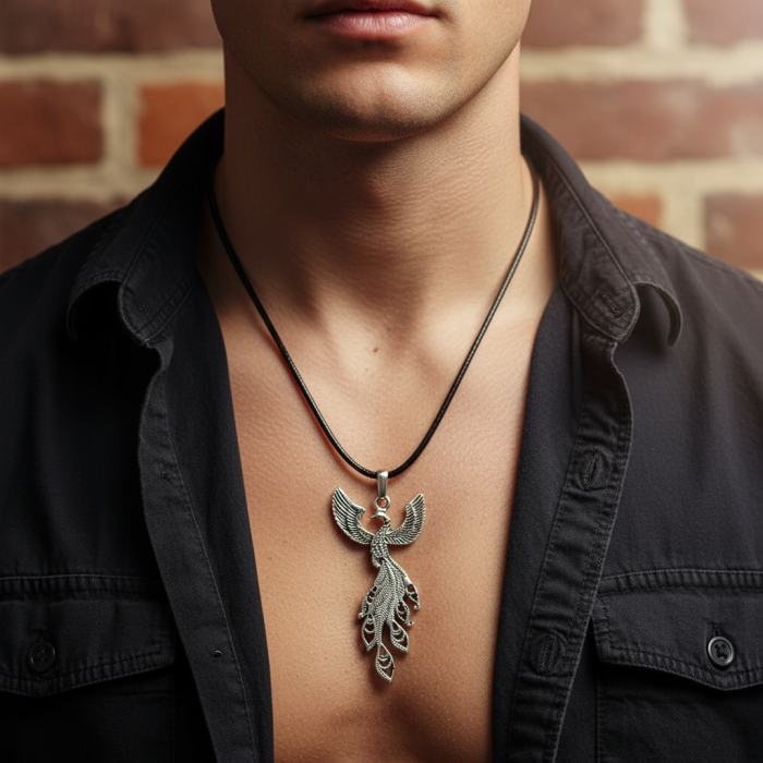 Efsanevi Zümrüdü Anka Kuşu Gümüş Kaplama Deri İp Kolye