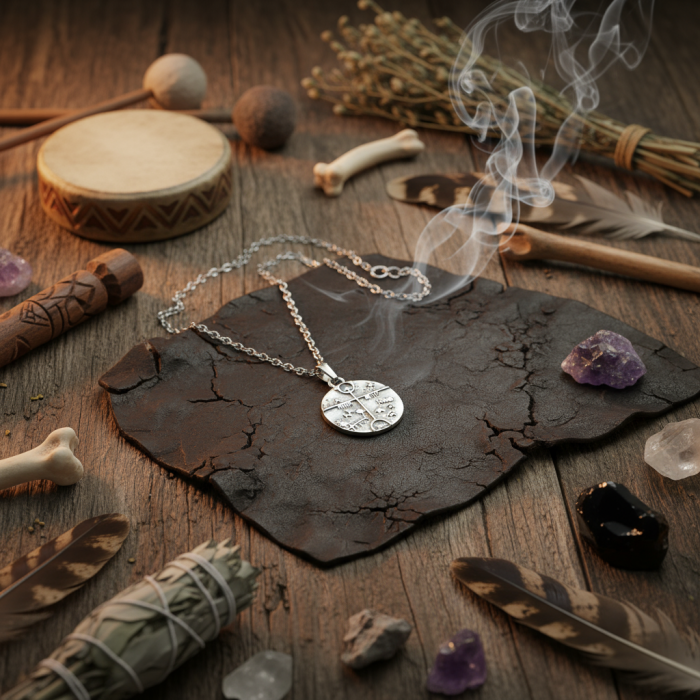 Türk Kam - Şaman Davulu Gümüş Kaplama Düz Zincir Kolye