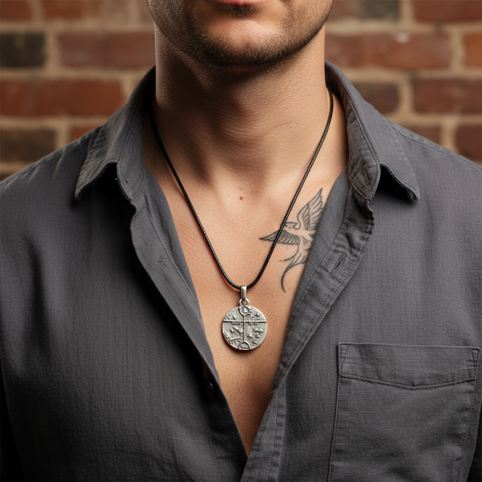 Türk Kam - Şaman Davulu Gümüş Kaplama Deri İp Kolye