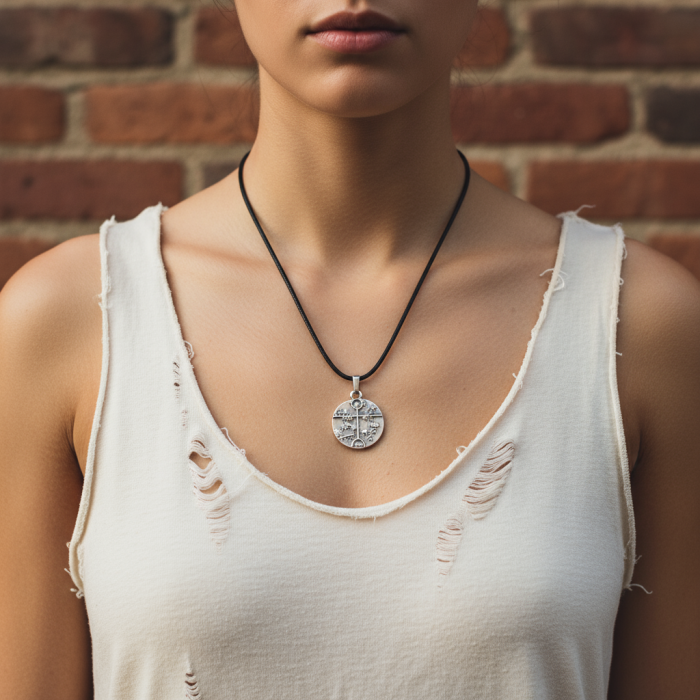 Türk Kam - Şaman Davulu Gümüş Kaplama Deri İp Kolye