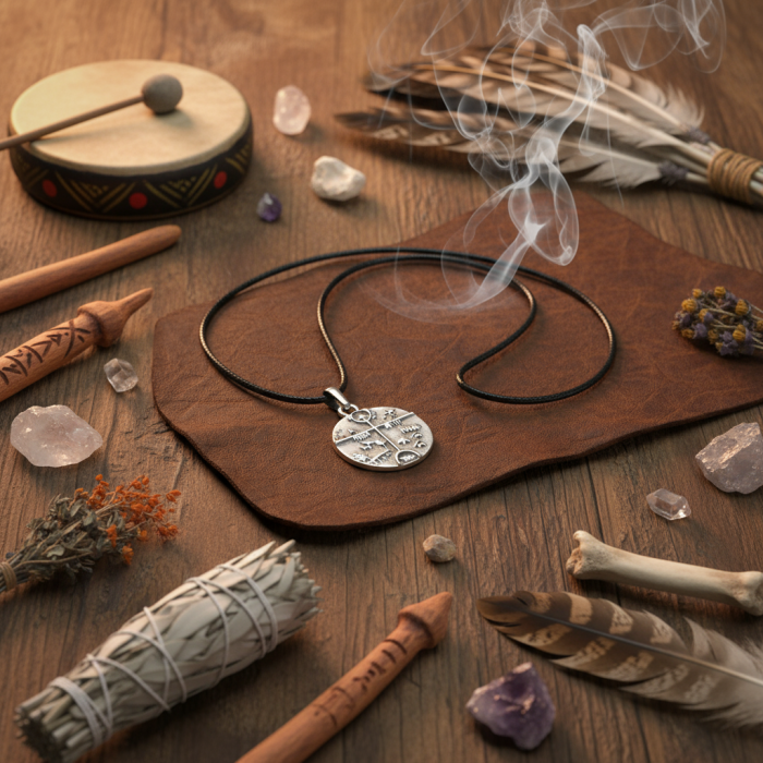 Türk Kam - Şaman Davulu Gümüş Kaplama Deri İp Kolye