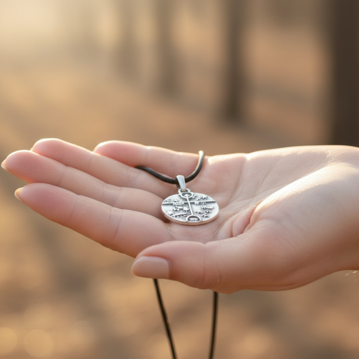 Türk Kam - Şaman Davulu Gümüş Kaplama Deri İp Kolye