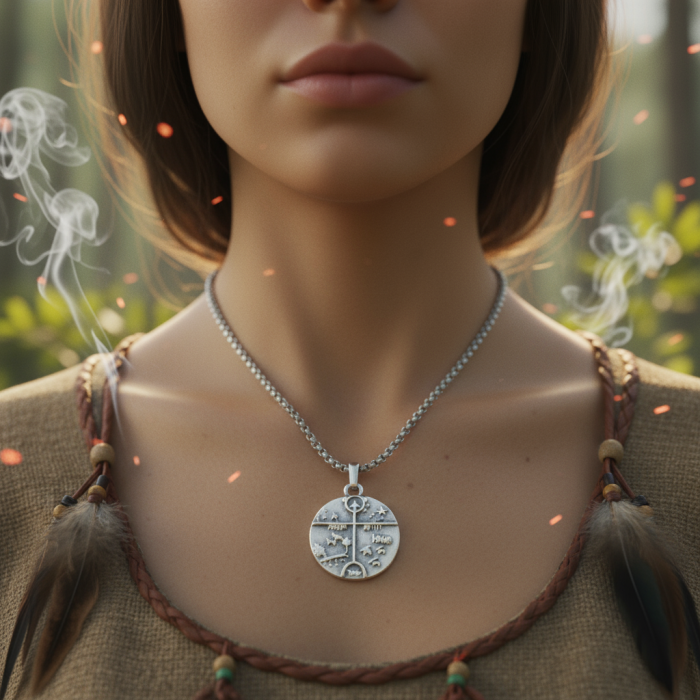 Türk Kam - Şaman Davulu Gümüş Kaplama Örme Zincir Kolye