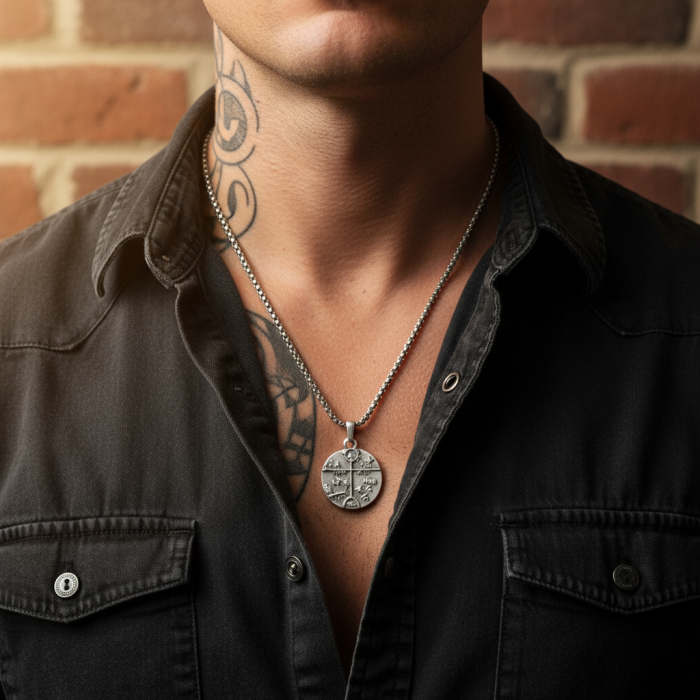 Türk Kam - Şaman Davulu Gümüş Kaplama Örme Zincir Kolye