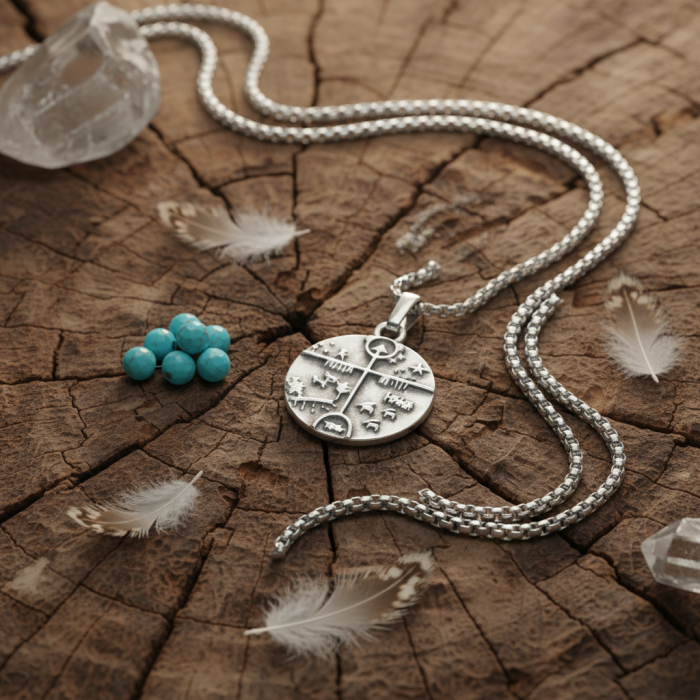 Türk Kam - Şaman Davulu Gümüş Kaplama Örme Zincir Kolye