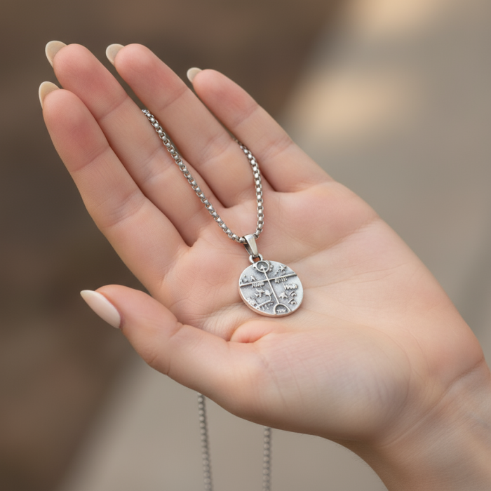 Türk Kam - Şaman Davulu Gümüş Kaplama Örme Zincir Kolye