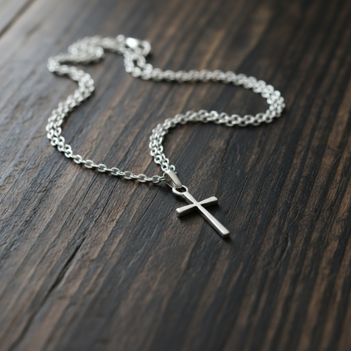 Mini Haç Gümüş Kaplama Düz Zincir Kolye
