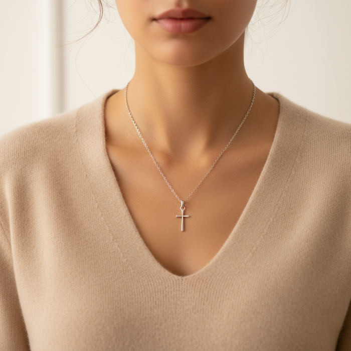 Mini Haç Gümüş Kaplama Düz Zincir Kolye