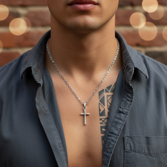 Mini Haç Gümüş Kaplama Düz Zincir Kolye