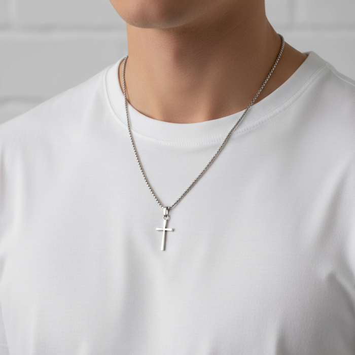 Mini Haç Gümüş Kaplama Örme Zincir Kolye