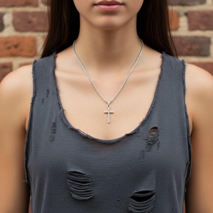 Mini Haç Gümüş Kaplama Örme Zincir Kolye