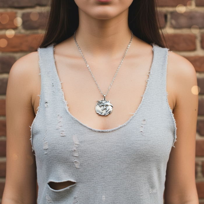 Büyülü Witcher 3 Madalyon Gümüş Kaplama Düz Zincir Kolye