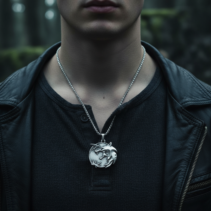 Büyülü Witcher 3 Madalyon Gümüş Kaplama Örme Zincir Kolye