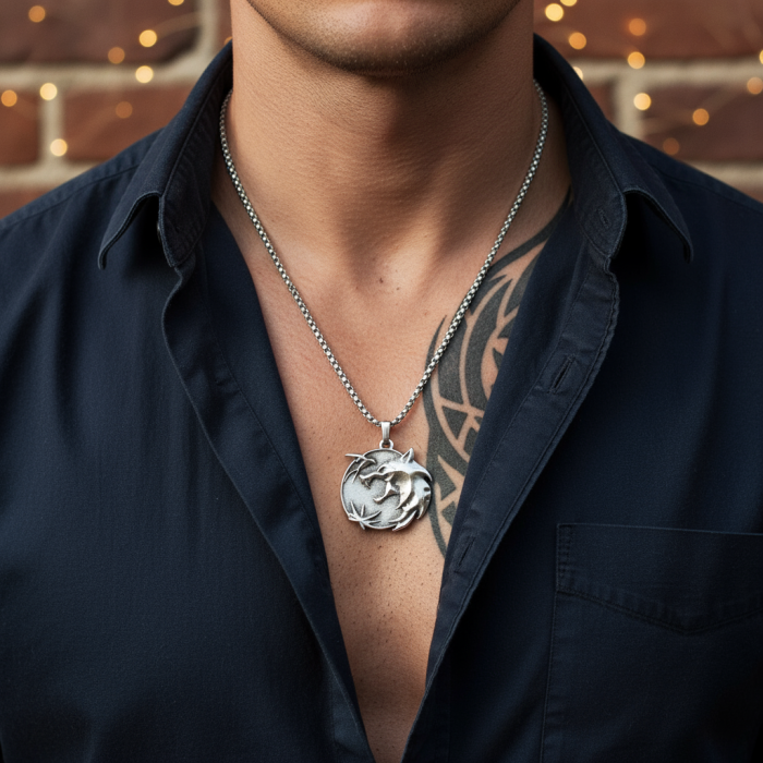 Büyülü Witcher 3 Madalyon Gümüş Kaplama Örme Zincir Kolye