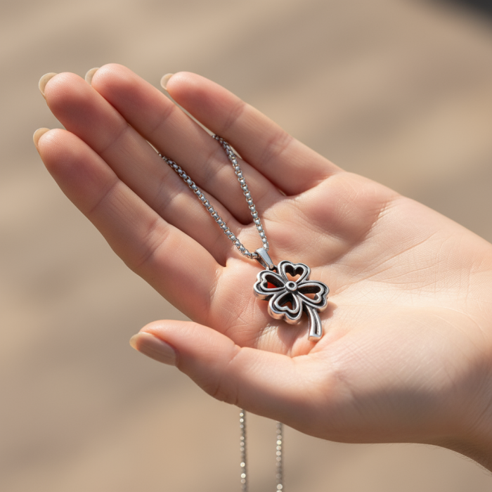 Şanslı Dört Yapraklı Yonca Gümüş Kaplama Örme Zincir Kolye