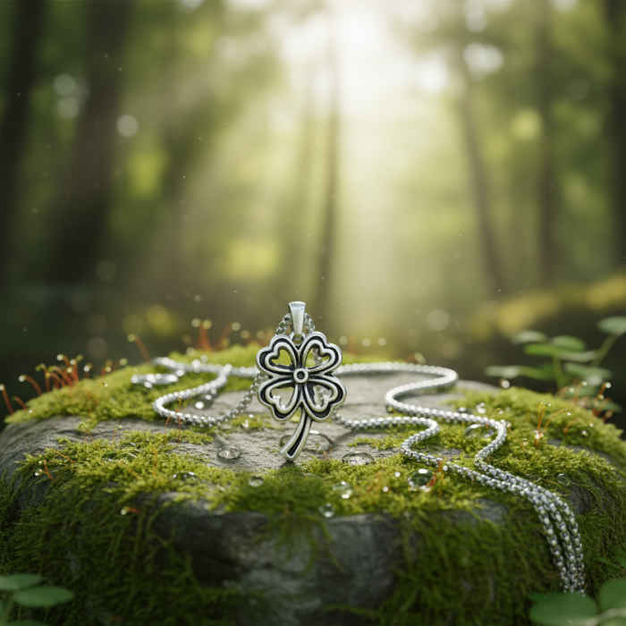 Şanslı Dört Yapraklı Yonca Gümüş Kaplama Örme Zincir Kolye