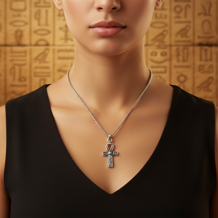 Ankh Anahtarı - Nilin Anahtarı Gümüş Kaplama Örme Zincir Kolye