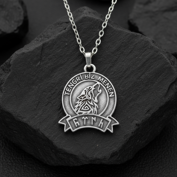 Tengri Biz Menen Göktürkçe Gümüş Kaplama Düz Zincir Kolye
